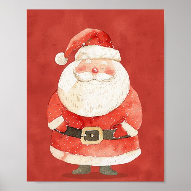 Cute Santa Claus Red Watercolor Christmas Poster (Front)