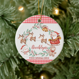 Cute Santa Claus Reindeer 1st Christmas Photo Ceramic Tree Decoration