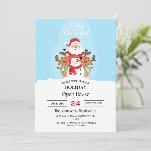 Cute Santa Claus, reindeer and snowman         Invitation (Standing Front)