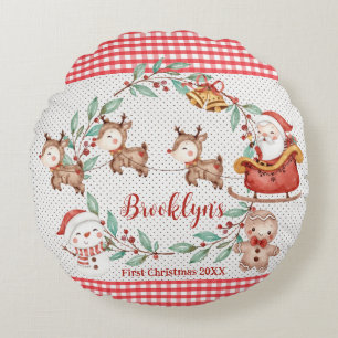 Cute Santa Claus Reindeer Snowman 1st Christmas Round Cushion
