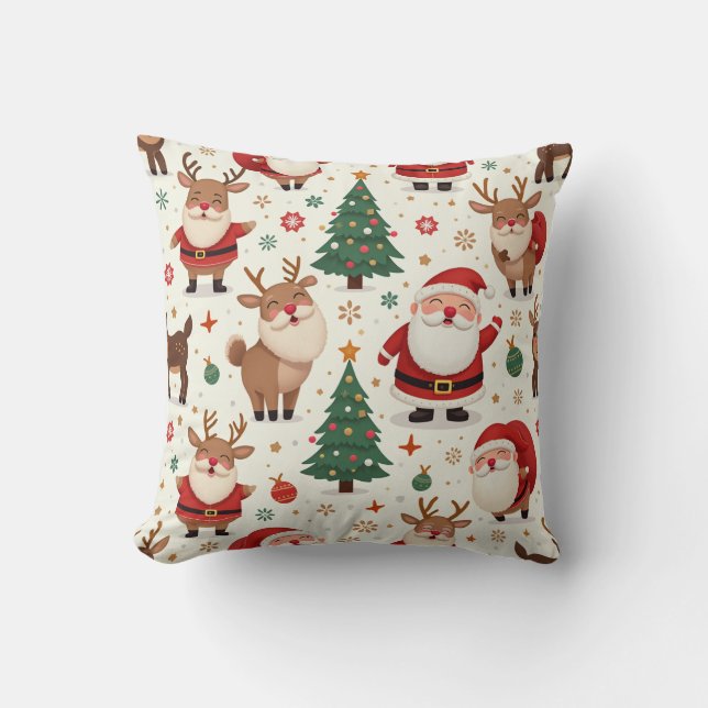 Cute Santa Claus, Rudolph and Christmas tree Cushion (Front)