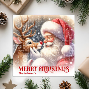 Cute Santa Claus Rudolph Christmas Holiday Jigsaw Puzzle