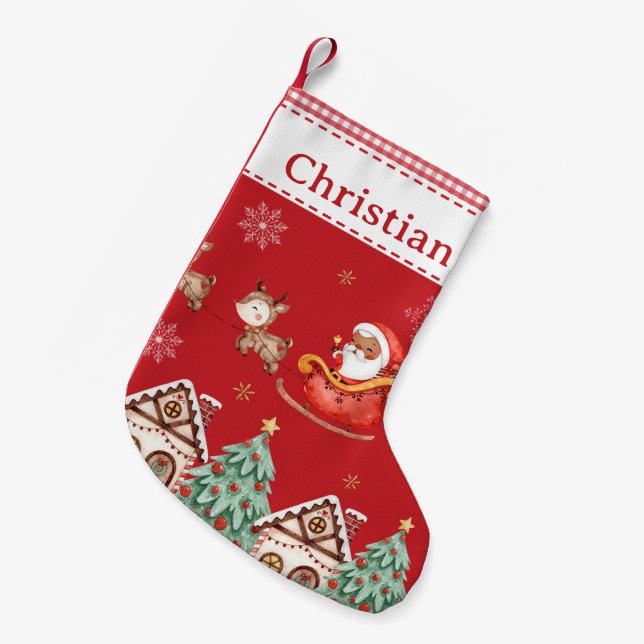 Cute Santa Claus Sleigh Reindeer Gingerbread House Small Christmas Stocking (Front (Hanging))