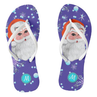 Cute "Santa Claus & Snowfall" Christmas monogram Flip Flops