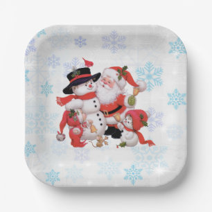 Cute Santa Claus Snowman Snow Paper Plate