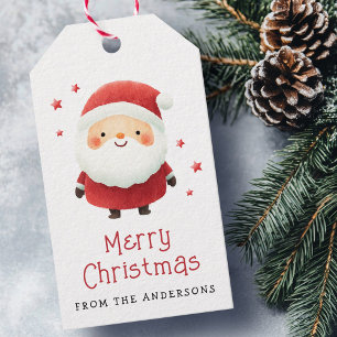 Cute Santa Claus stars Merry Christmas family name Gift Tags