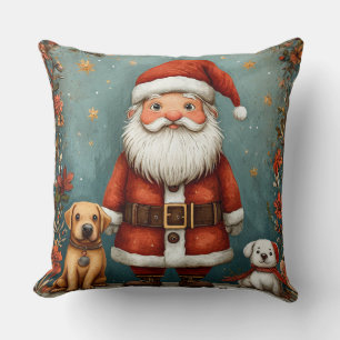 Cute Santa Claus with Dogs in Festive Cushion
