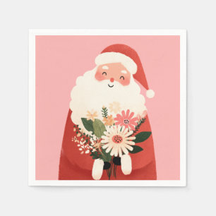 Cute Santa Claus with Flowers Pink Christmas  Napkin