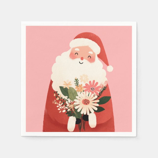 Cute Santa Claus with Flowers Pink Christmas  Napkin (Front)