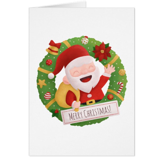 Cute Santa Claus Xmas Wreath Greeting Card (Front)