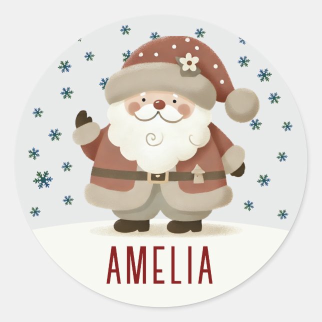 Cute Santa Clause Snowflakes Drawing Christmas Classic Round Sticker (Front)