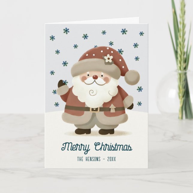 Cute Santa Clause Snowflakes Drawing Christmas Holiday Card (Front)