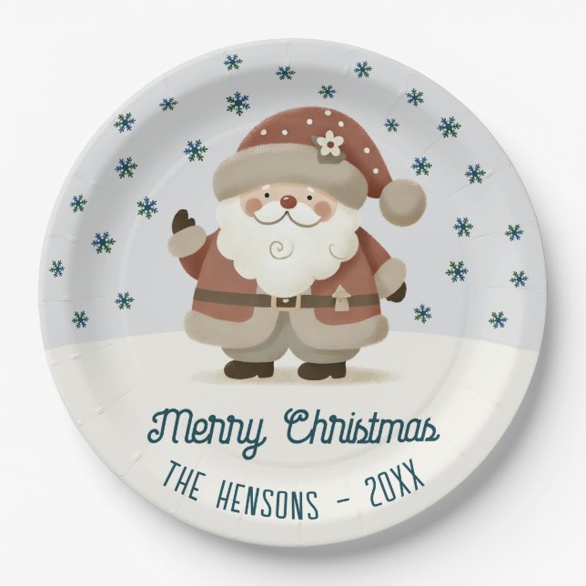 Cute Santa Clause Snowflakes Drawing Christmas Paper Plate (Front)