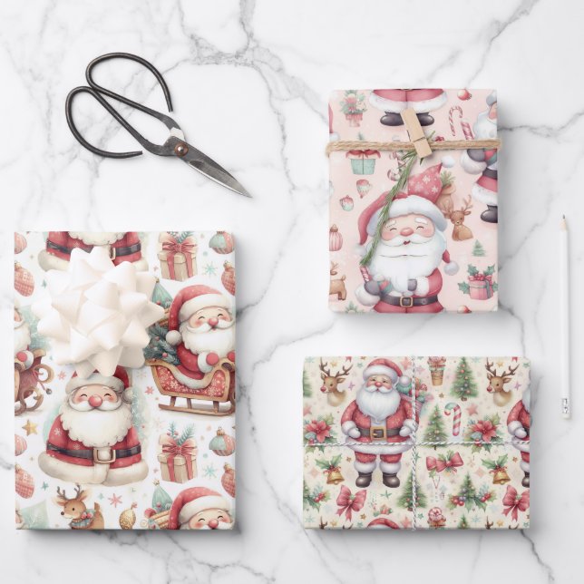 Cute Santa Clauses Sleighs Presents and Reindeer Wrapping Paper Sheet (Front)