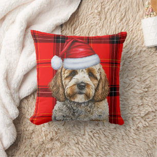 Cute Santa Cockapoo Dog on Red Plaid Christmas Cushion