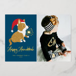Cute Santa Corgi Photo Blue Happy Hanukkah Foil Holiday Card<br><div class="desc">Happy Hanukkah! Send your festive greetings with this customisable gold foil Hanukkah photo flat card. It features an adorable corgi wearing a Santa hat. Personalise by adding a photo,  names,  year and other details. This cute corgi photo Hanukkah flat card is available in other foil colours.</div>