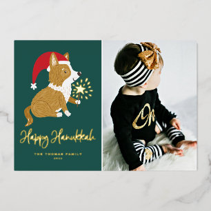 Cute Santa Corgi Photo Green Happy Hanukkah Foil Holiday Card