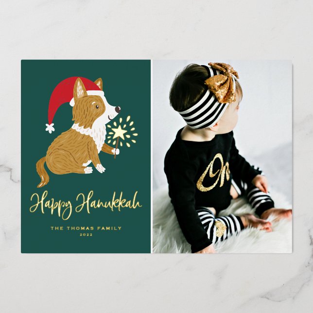 Cute Santa Corgi Photo Green Happy Hanukkah Foil Holiday Card (Front)