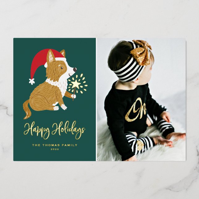 Cute Santa Corgi Photo Happy Holidays Foil Holiday Card (Front)