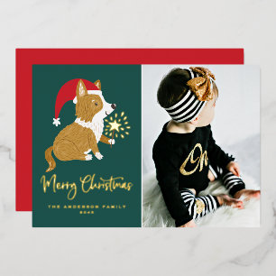 Cute Santa Corgi Photo Merry Christmas Foil Holiday Card