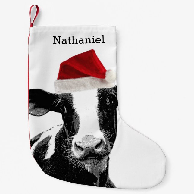 Cute Santa Cow with Personalised Name Small Christmas Stocking (Front)