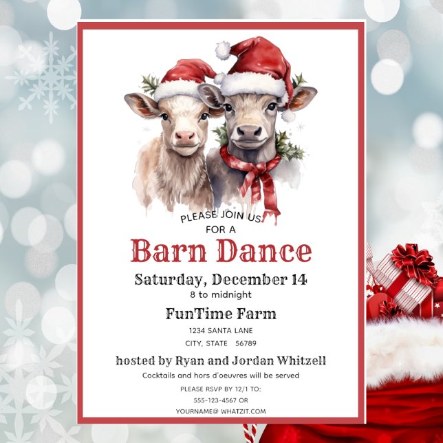 Cute Santa Cows Barn Dance Xmas Party Invitation (Creator Uploaded)