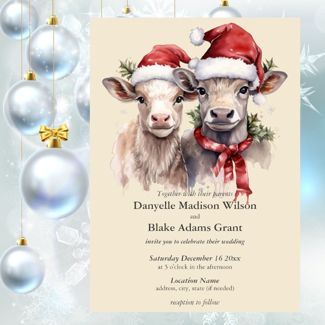 Cute Santa Cows Christmas Winter Wedding Invitation (Creator Uploaded)