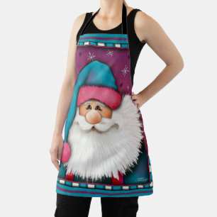 Cute Santa Customised Name Stripe Purple Blue Apron