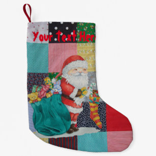 Cute santa delivering gifts tradition patchwork small christmas stocking