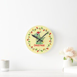 Cute Santa Dino Merry Christmas Round Clock