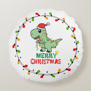 Cute Santa Dino Merry Christmas Round Cushion