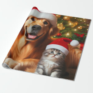 Cute Santa Dog and Cat Christmas Wrapping Paper