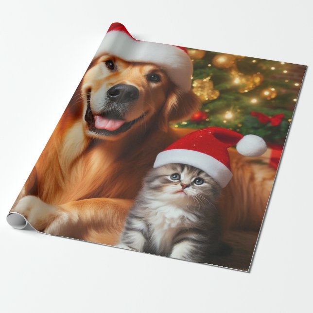 Cute Santa Dog and Cat Christmas  Wrapping Paper (Unrolled)