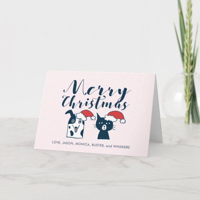 Cute Santa Dog and Cat Illustration Christmas Holiday Card (Front)
