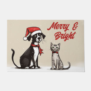 Cute Santa Dog and Cat Merry and Bright Christmas Doormat