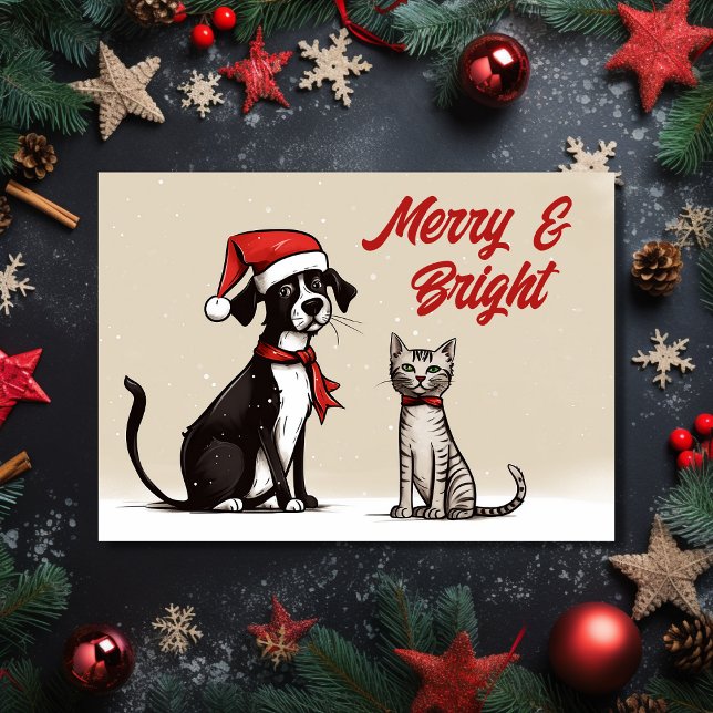 Cute Santa Dog and Cat Merry and Bright Christmas Holiday Card (Front - Cute Santa Dog and Cat Merry and Bright Christmas Holiday Card)