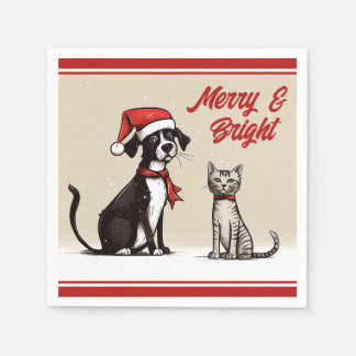 Cute Santa Dog and Cat Merry and Bright Christmas Napkin