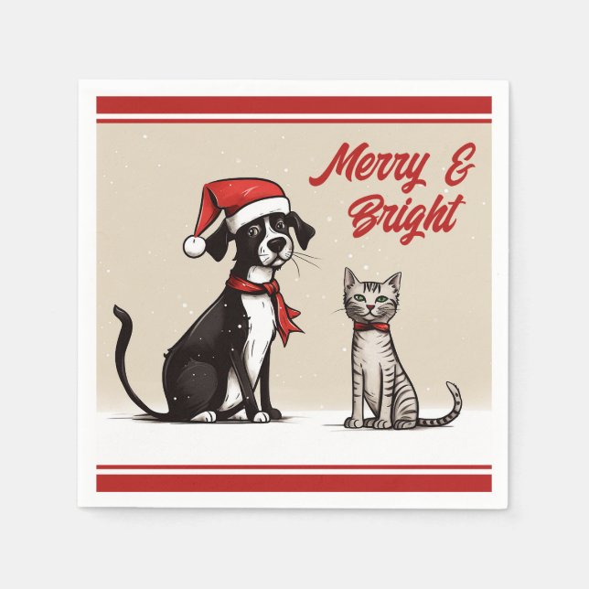 Cute Santa Dog and Cat Merry and Bright Christmas  Napkin (Front)