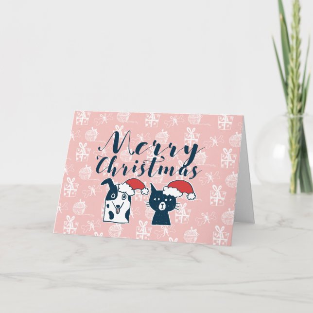 Cute Santa Dog & Cat Illustration Christmas Holiday Card (Front)
