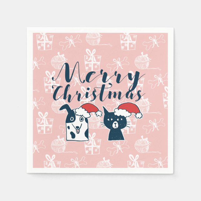 Cute Santa Dog & Cat Illustration Christmas Napkin (Front)