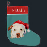 Cute Santa Dog Pit Bull Terrier Personalised Small Christmas Stocking<br><div class="desc">Adorable watercolor illustration of a white American pit bull terrier dog with a red santa hat. . A name can be added at the top of the stocking. Perfect design for pit bull lovers and owners so that they could include their pets to the holiday spirit!</div>
