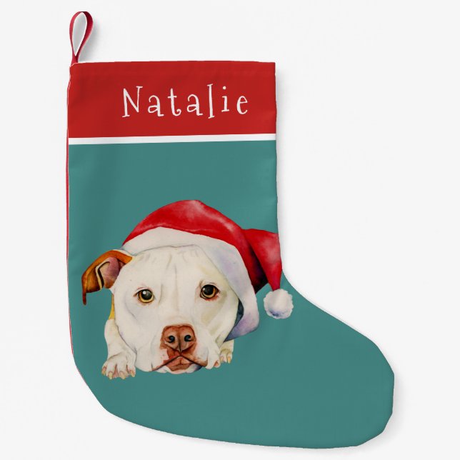 Cute Santa Dog Pit Bull Terrier Personalised Small Christmas Stocking (Front)