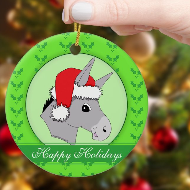 Cute Santa Donkey Holly Happy Holidays Christmas Ceramic Tree Decoration (Cute Santa Donkey Holly Happy Holidays Christmas Ceramic Ornament with Personalized Greeting)
