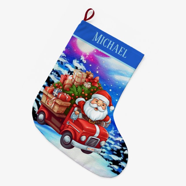 Cute Santa driving car add name Large Christmas Stocking (Front (Hanging))