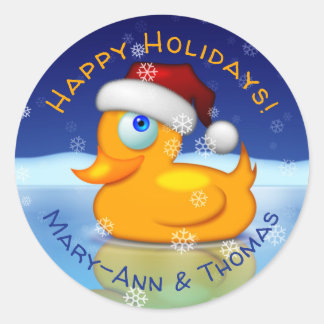 Cute Santa Duck With holiday Greetings And Names Classic Round Sticker