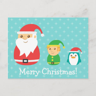 Cute Santa, Elf and Penguin, Merry Christmas Holiday Postcard