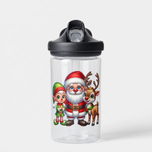 Cute Santa Elf and Reindeer Christmas Personalised Water Bottle