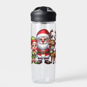Cute Santa Elf and Reindeer Christmas Personalised Water Bottle