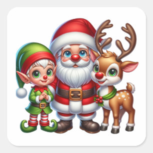 Cute Santa, Elf and Reindeer Christmas  Square Sticker
