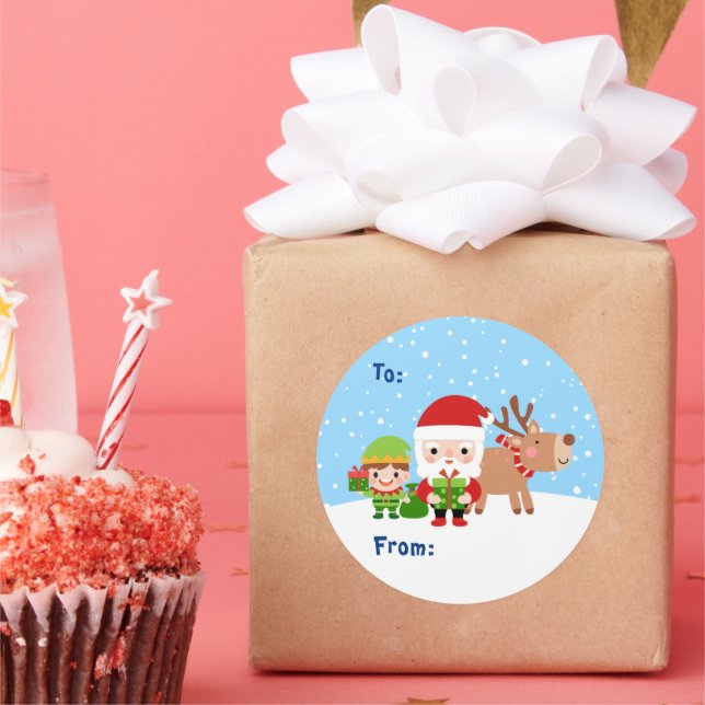 Cute Santa, Elf and Reindeer To and From  Classic Round Sticker (Party)